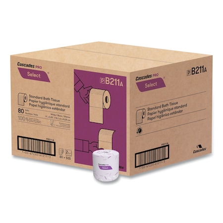 Cascades Pro Toilet, 2 Ply, 500/Roll Sheets, White, 80 PK B211